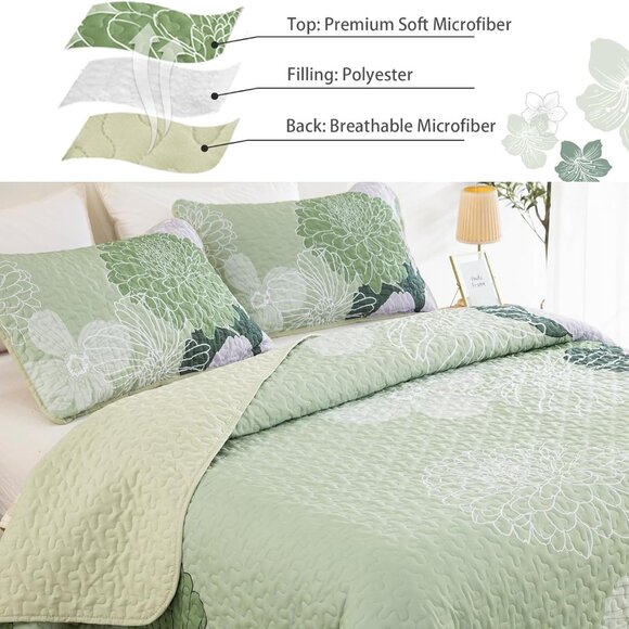 New Sage Green Bohemian Floral Quilt Set • 3 PC • KING Size - Picture 4 of 6